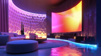 A modern living room with ambient lighting and a large curved screen for entertainment.