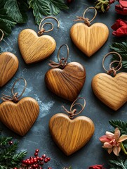 Fototapeta premium Wooden Heart Ornaments Lying on Dark Surface Surrounded by Greenery and Red Flowers for Valentine Decoration Concept
