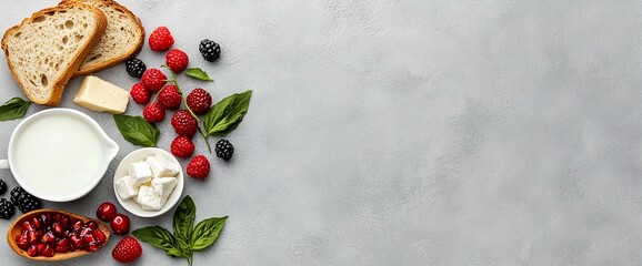 Healthy breakfast ingredients milk, bread, berries, cheese, and pomegranate.