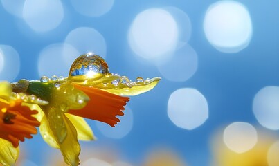 Fototapeta premium Dewdrop on a vibrant yellow and orange daffodil blossom against a bright blue bokeh background.