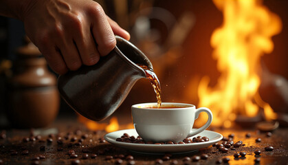 Hand Pouring Coffee from Jebena with Vibrant Fire Background in Ethiopian Ceremony