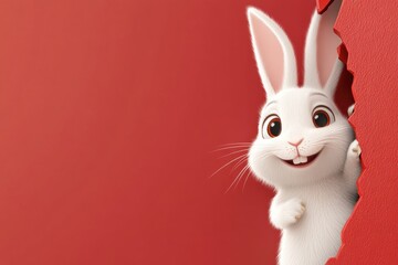 Fototapeta premium A cheerful and playful cartoon bunny peeks through a torn and vibrant red background, symbolizing the joy, excitement, and spirit of the beloved Easter celebration that brings happiness to all