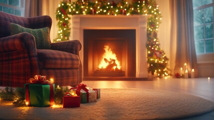 Cozy christmas living room with fireplace and gifts. First-Foot Day