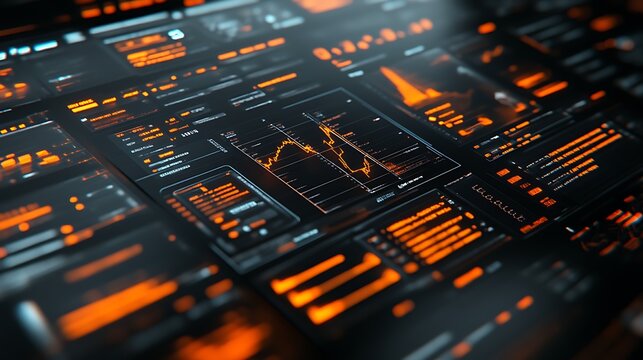 Futuristic digital dashboard with graphs and data.
