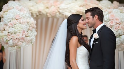 Bride and groom kiss at wedding ceremony.