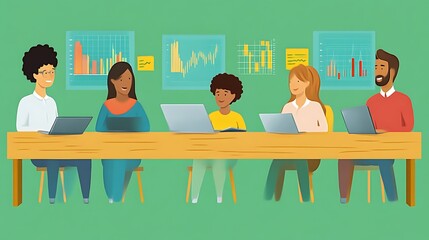 Diverse team collaborates on project, using laptops and data charts.