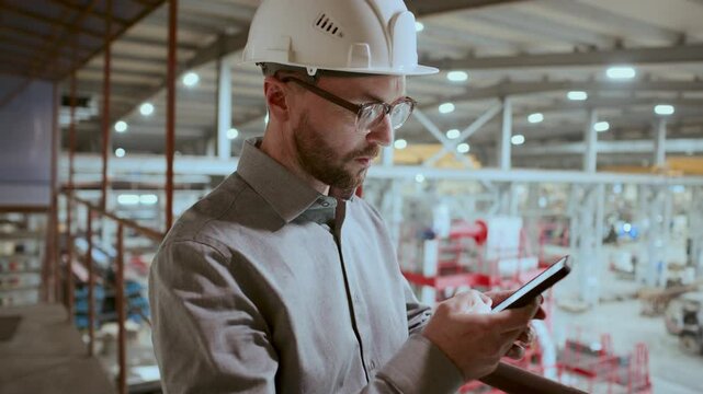 Professional engineer wearing hard hat, shirt and glasses typing text message on smartphone, standing by railing in industrial factory with machinery in defocused background