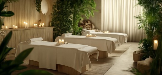 A serene spa room with massage tables, candles, and lush greenery for relaxation.