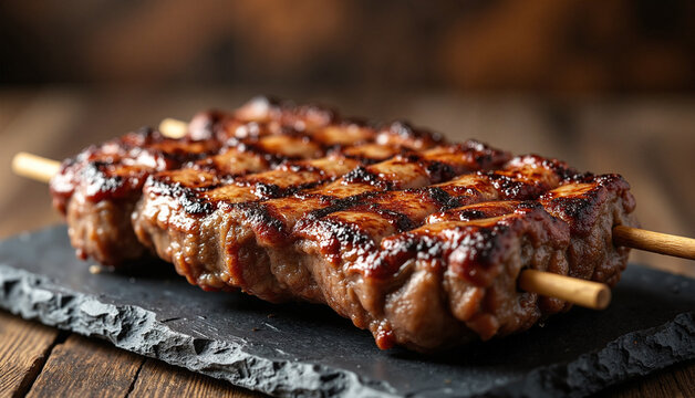 Grilled Picanha Steak on Skewer Juicy and Medium Rare on Slate with Rustic Background