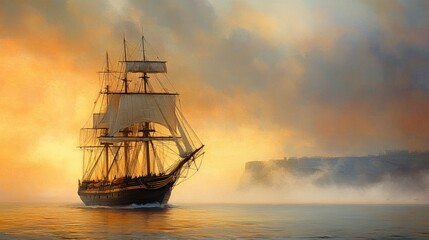 Fototapeta premium Vintage Sailing Ship Illuminated by Evening Light