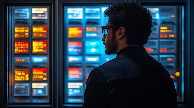 Man reviewing data on digital screens. - Powered by Adobe