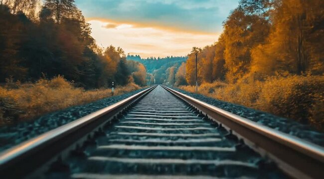 Straight railway scene at dusk, Slow motion camera with different angles