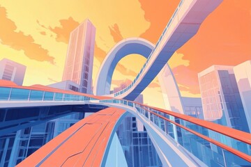 A vibrant, futuristic cityscape with elevated pathways and colorful skies.