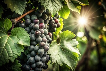 Ripe, dark autumn grapes cling to vines, their vibrant green leaves a contrast in long-exposure photography.