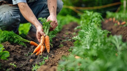 Fototapeta premium A person harvesting fresh carrots from a garden bed, showcasing agricultural practice.