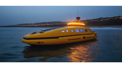 Fototapeta premium Yellow luxury yacht at night, coastal scene.