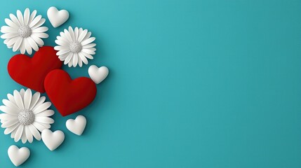 A colorful arrangement of red hearts and white flowers against a teal background, evoking feelings of love and celebration.