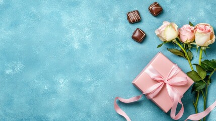 A beautifully arranged gift box, delicate roses, and chocolates on a textured blue background, ideal for celebrations or romantic occasions.