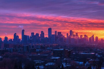 Fototapeta premium A stunning sunset over a city skyline, showcasing vibrant colors.