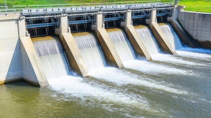 Water Flowing Through Dam Gates at Hydro Power Plant in Bright Sunshine