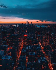 A stunning cityscape at dusk, showcasing vibrant lights and skyline.