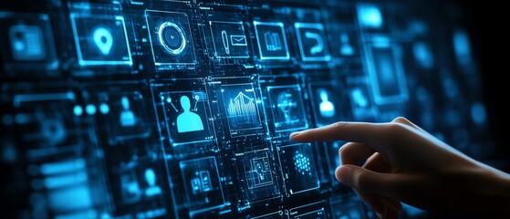 Interactive HRM dashboard with a businessman managing employee recruitment, selection tools, and talent management processes, futuristic glowing design elements