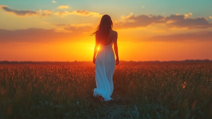 A woman in a white dress walks towards a colorful sunset in a field.