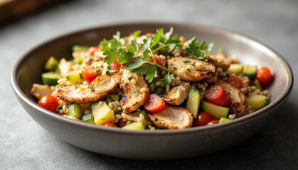 Quinoa Salad Bowl with Grilled Chicken and Vegetables in a Ceramic Dish Diffused Lighting Style
