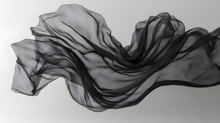 Obraz premium High-end fashion photograph showcasing elegant black dress in dynamic motion, capturing flowing silk fabric waves and dramatic movement against pure white background with minimalist aesthetic.