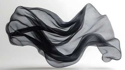 High-end fashion photograph showcasing elegant black dress in dynamic motion, capturing flowing silk fabric waves and dramatic movement against pure white background with minimalist aesthetic.