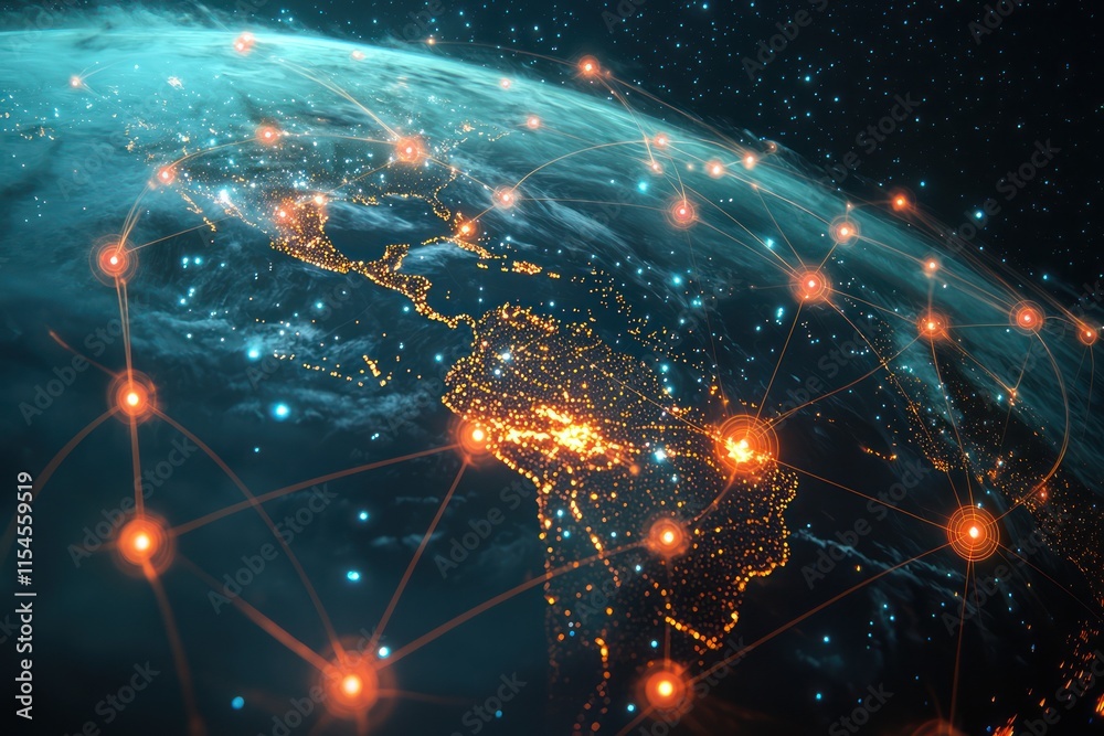 Wall mural global cloud network: a conceptual illustration of a global cloud network with data seamlessly flowi