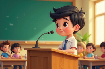 The adorable little cartoon boy with black hair confidently gives a speech on the classroom podium