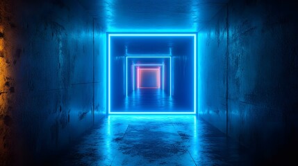 Obraz premium Hyperrealistic visualization of futuristic cyberpunk corridor featuring glowing blue portal, dark concrete tunnel, reflective wet floor, and atmospheric blue LED illumination with dramatic shadows.