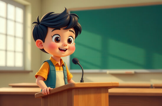 The adorable little cartoon boy with black hair confidently gives a speech on the classroom podium