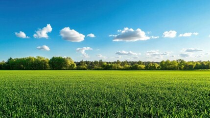 A vibrant green field under a clear blue sky with scattered clouds.