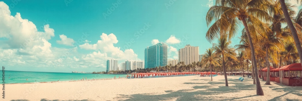 Poster Sunlit beach in Miami with palm trees and beachfront hotels on a clear day. Generative AI