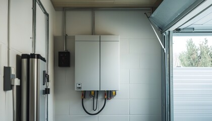 Home Battery Storage System: A high-tech battery pack mounted on a garage wall, offering an alternative energy storage solution for households aiming for sustainable living.