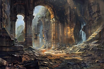 Ancient temple ruins overgrown with moss and vines