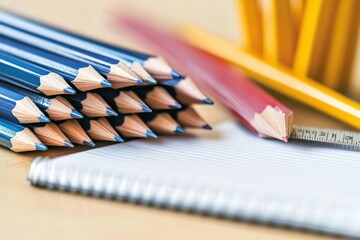 A collection of colored pencils, a notebook, and a ruler on a desk.