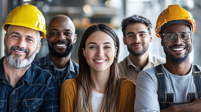 Diverse group of professionals smiling together in a modern workplace with safety helmets showcasing teamwork and collaboration in a construction environment