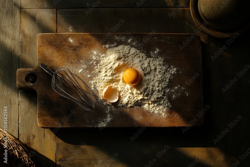 Aufkleber top down view of a wooden board with flour and a cracked egg ready for baking preparation in a cozy 