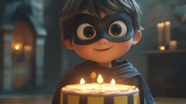 Cute boy superhero celebrates birthday with cake.