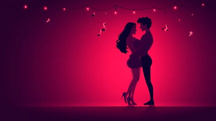 Silhouette of romantic couple dancing under fairy lights.