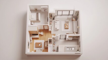 Isolated 3D rendering of a home floor plan with an apartment interior, highlighting open living spaces, minimalist design, and efficient layout.