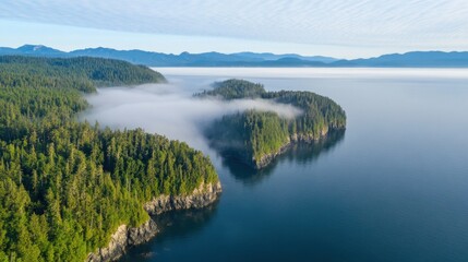 Obraz premium Serene Aerial View of Lush Green Forested Coastline with Calm Waters