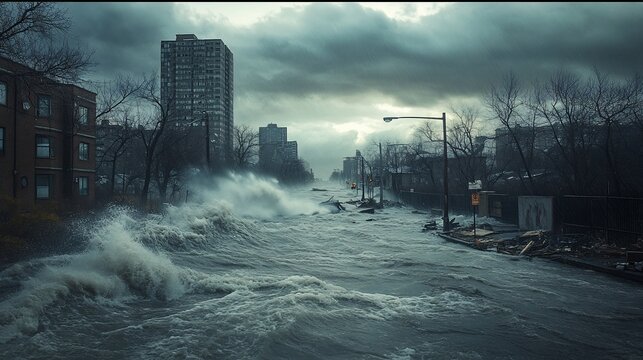Storm surge floods city street, waves crash against buildings.