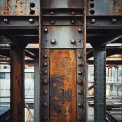 A rusty metal beam with many holes and a lot of screws