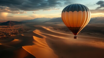 Obraz premium Single Hot Air Balloon Floating Over Vast Desert