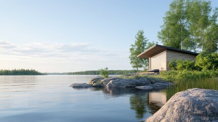 Obraz premium Peaceful lakeside cabin surrounded by nature and calm water at sunrise