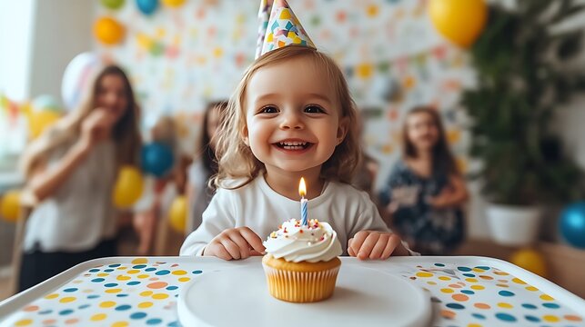 Happy toddler girl at birthday party with cupcake.